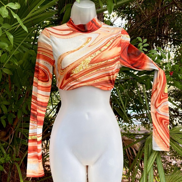 Blanc Mesh Copper Brown Swirl Top Size S 4 Crop Mock Neck Artsy Abstract Quartz - Picture 2 of 14